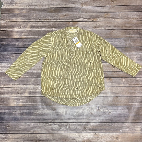 Michael Kors Ivory Gold Chain Print Surplice Hi Lo 3/4 Sleeve V Neck Top Small - Picture 7 of 9